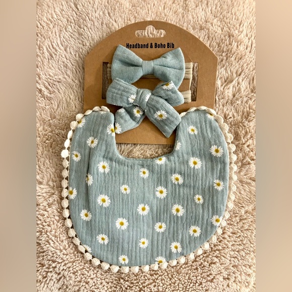 Other - Floral Blue Baby Bib and Headband Set | Boho style embroidered bib with daisy’s